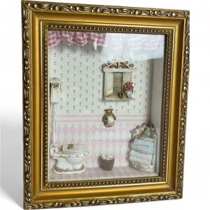 Antique Framed Miniature Bathroom Diorama (set =2 art frames)